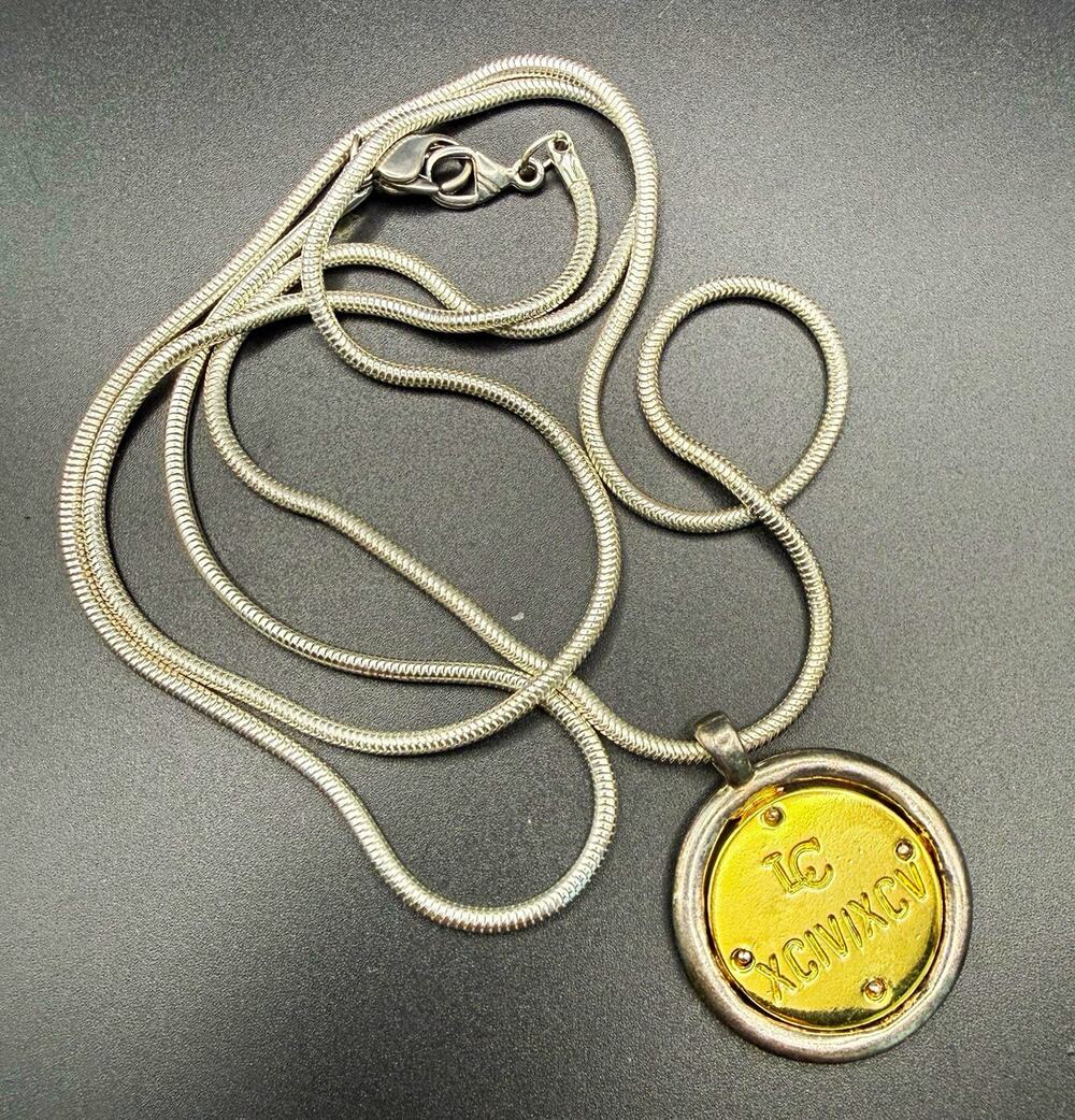 Vtg Liz Claiborne Two Tone Pendant Necklace 36” Snake Chain Roman Numeral Crest